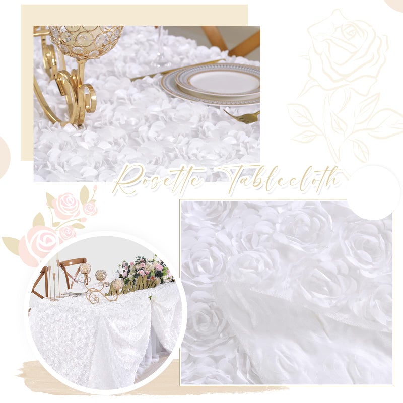 Fanqisi White 3D Floral Satin Raised Rosettes Tablecloth Rectangular 90x132 Inches Rosette Tablecloth for Wedding Baby Shower Table Bridal Shower Meeting Events Decoration - Image 3